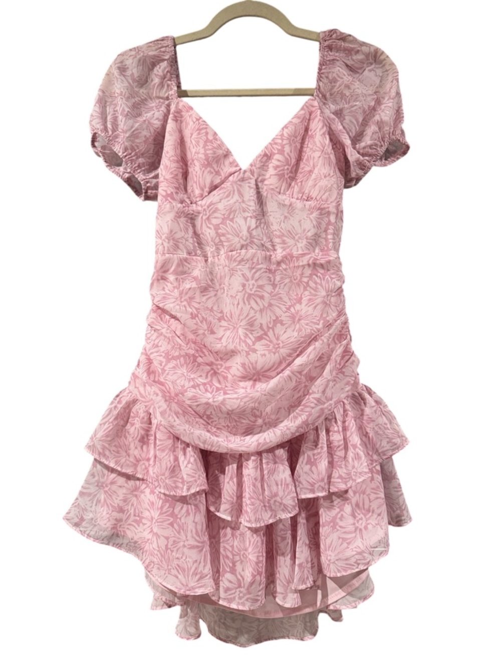 Hello Molly Pink Floral Mini Dress Puff Sleeve Ruffle Tie Front Cutout Size S - Picture 2 of 5